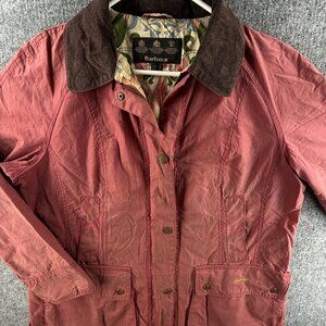 Barbour SMU Hope Beadnell Waxed Jacket Women Full Zip Size 14 USA Red Canvas